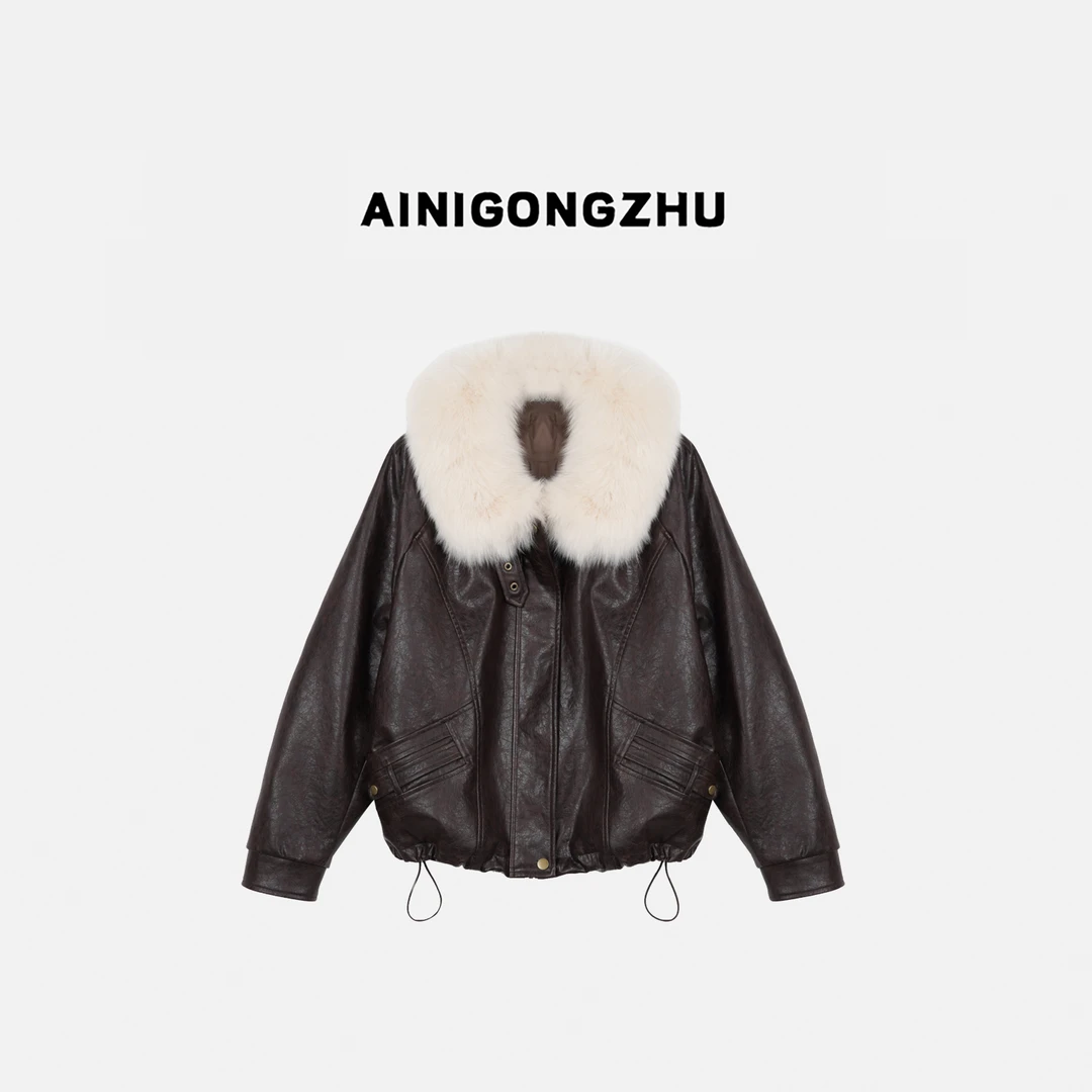 AINIGONGZHU/艾妮公主女装狐狸毛90白鹅绒羽绒服油蜡皮外套Y25911