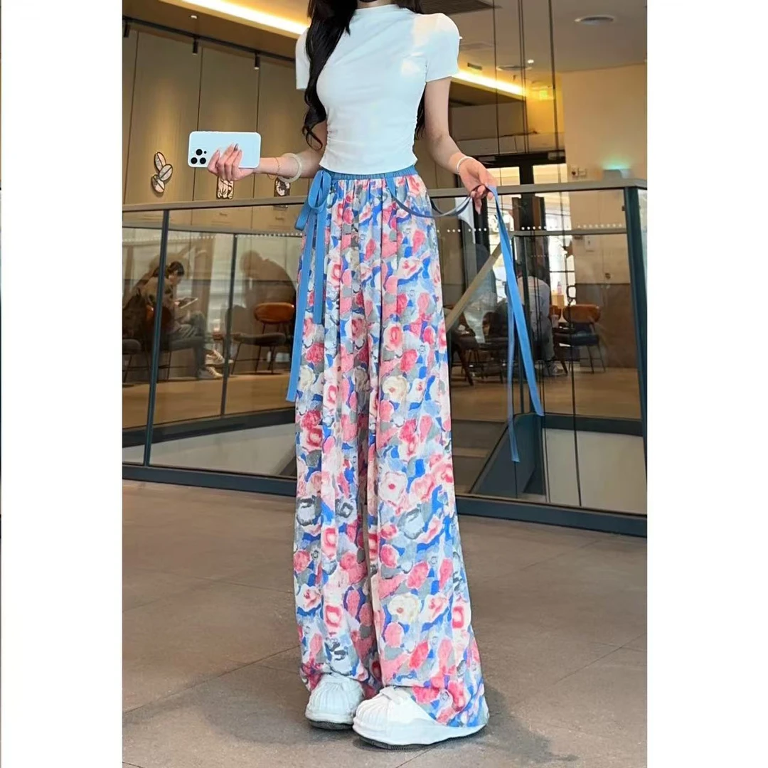 夏季薄新款冰丝高腰显瘦阔腿裤女百搭垂感宽松印花扎染时尚裤子