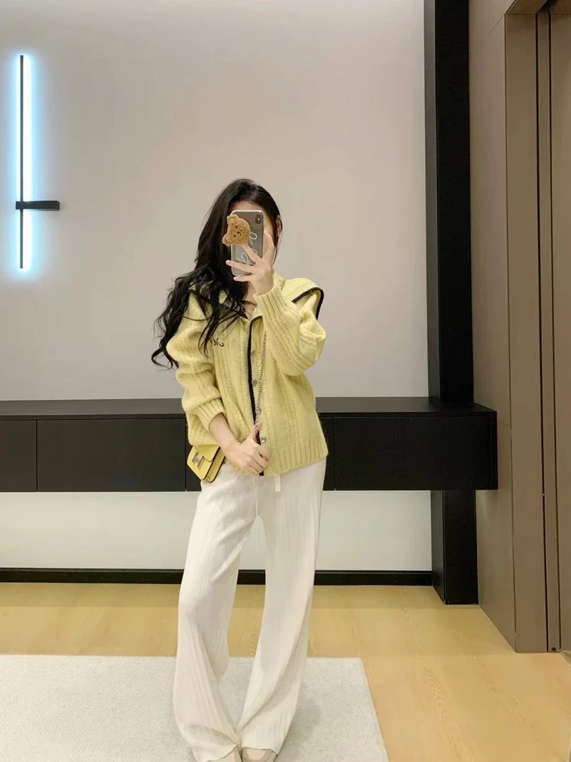 秋季新款时尚洋气百搭女装海军领拼接针织开衫高级感气质直筒裤