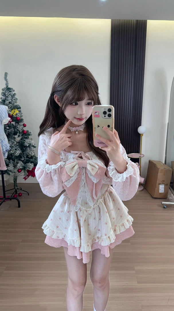 夏日话语小飞飞袖碎花连衣裙+白色泡泡短裤蛋糕裙+粉色开衫