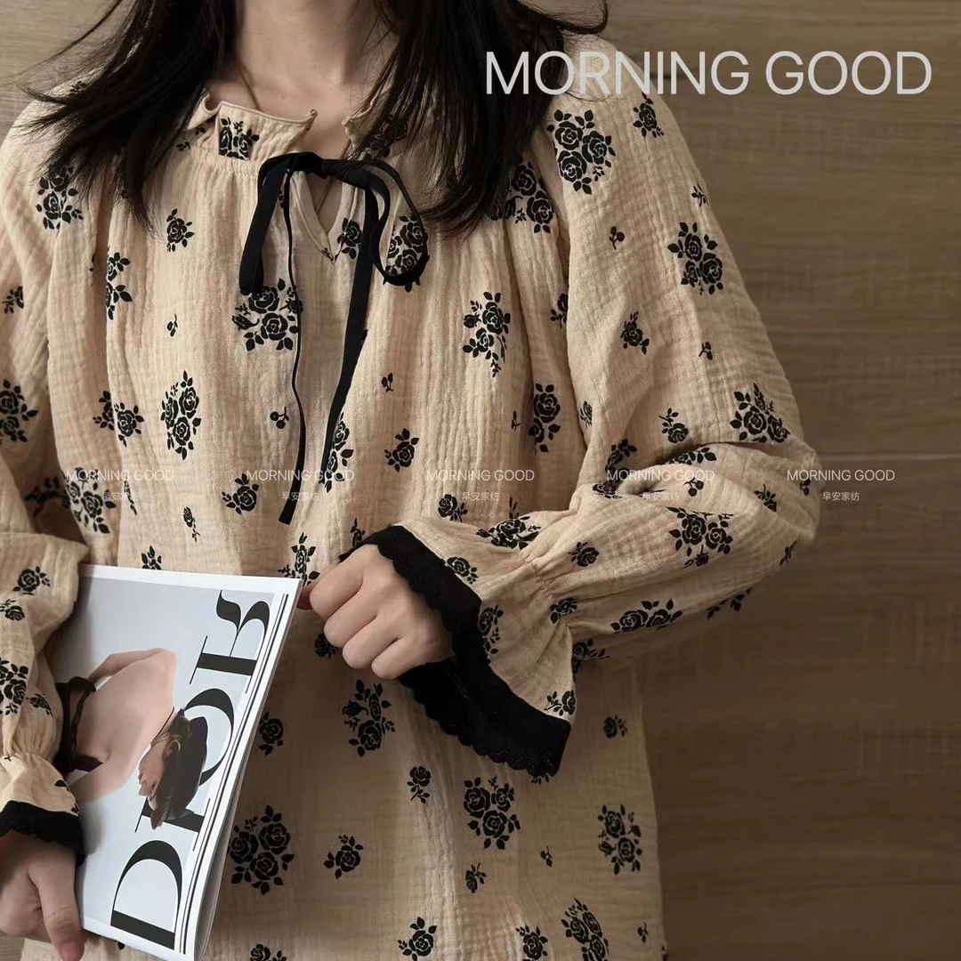 【MORNING GOOD】高级法式全棉皱皱双层纱小众设计款家居服套装睡衣