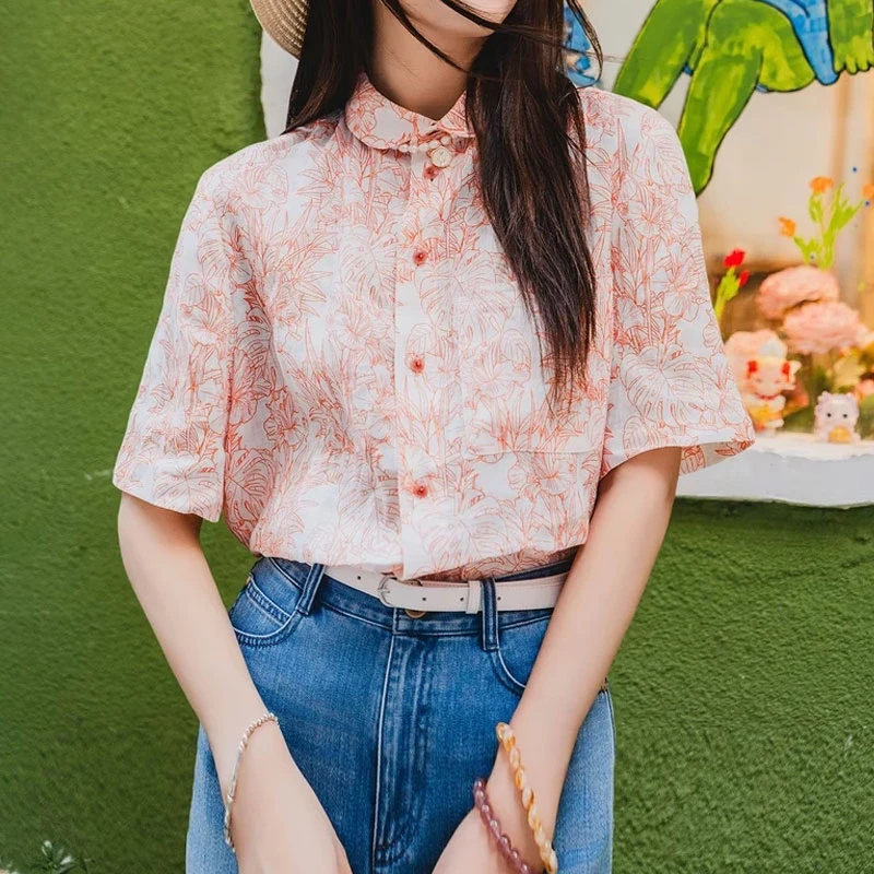 【商场同款】2025新款时尚透气宽松亚麻简约文艺短袖衬衫薄款衬衣