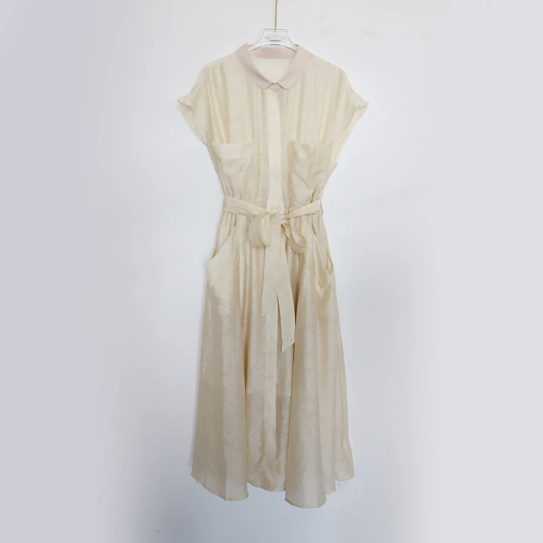 品牌新款纽扣翻领腰带无袖连衣裙52511