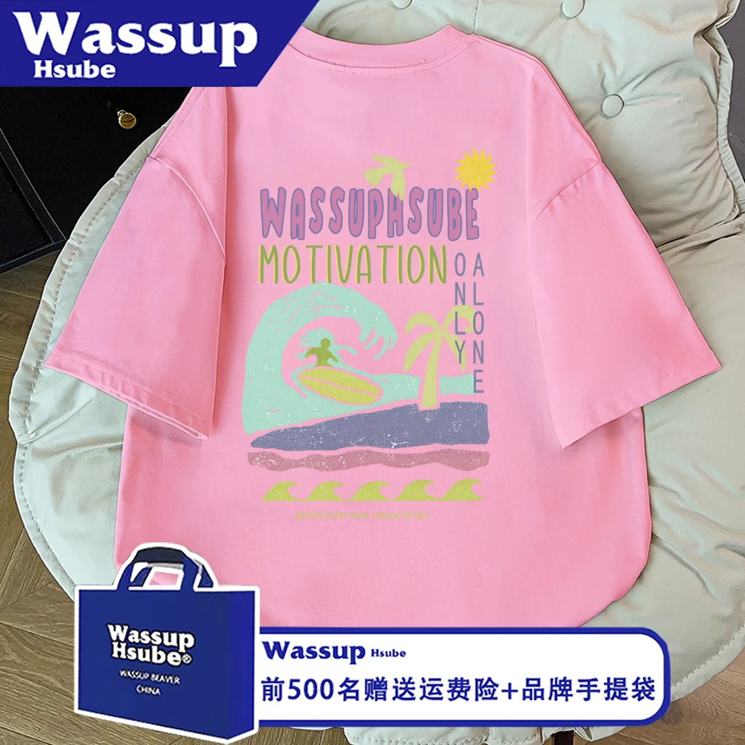 WASSUP HSUBE街头vibe椰树海浪印花短袖男女宽松纯棉情侣半袖上衣