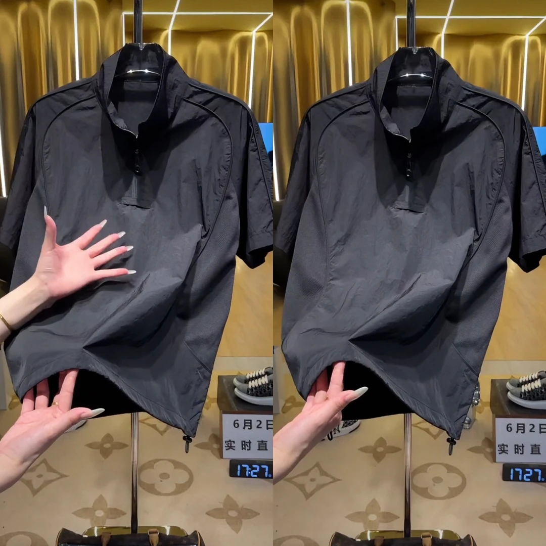 半拉链短袖T恤男士夏季新款立领套头速干宽松拼色半开襟透气半袖