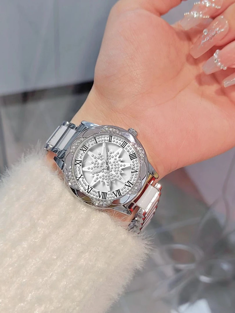 【旋转太阳花/白】镂空太阳花轻奢气质镶钻百搭防水夜光女士腕表