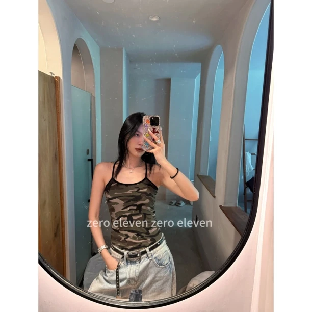 zero eleven定制美式复古百搭辣妹字母贴布吊带迷彩背心夏ZHC8014