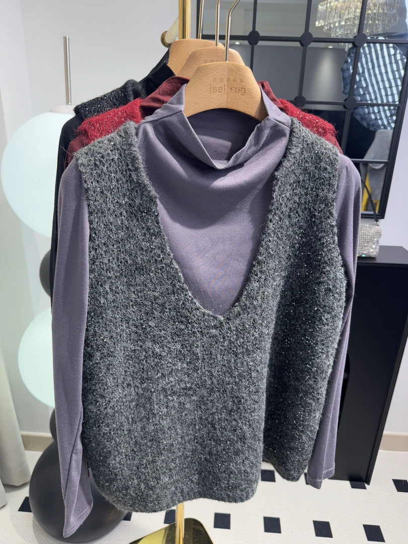 iselrag针织亮片背心马甲秋冬保暖V领慵懒高级加厚上衣高领毛衫