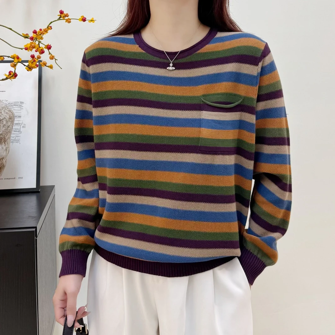 100%棉线圆领五彩条纹长袖针织衫女士早秋宽松复古上衣套头打底衫