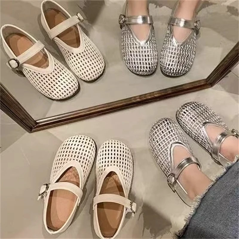 2025新款时尚单鞋休闲夏季时尚舒适镂空平底网面舒适浅口洞洞鞋女