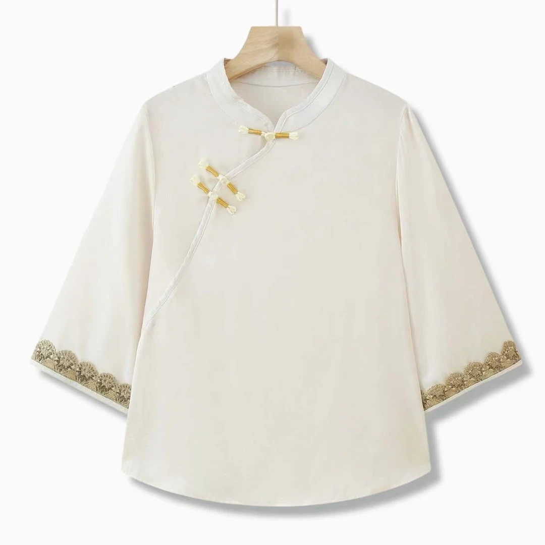 1507新款国风夏季时尚百搭新中式七分袖斜襟衬衫