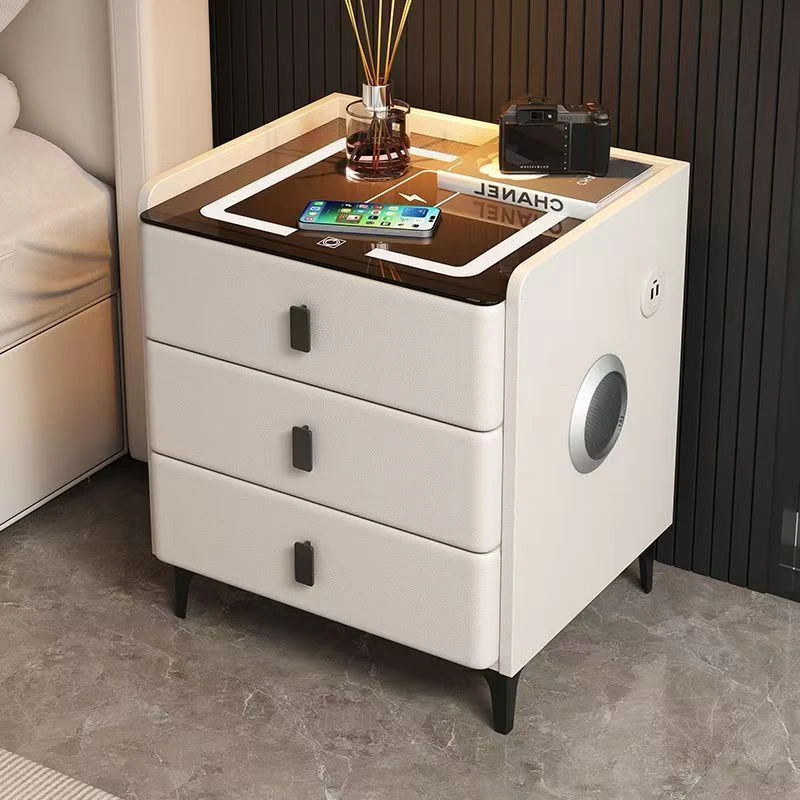 智能多功能实木充电家用床头柜无线轻奢床边柜现代简约卧室指纹锁