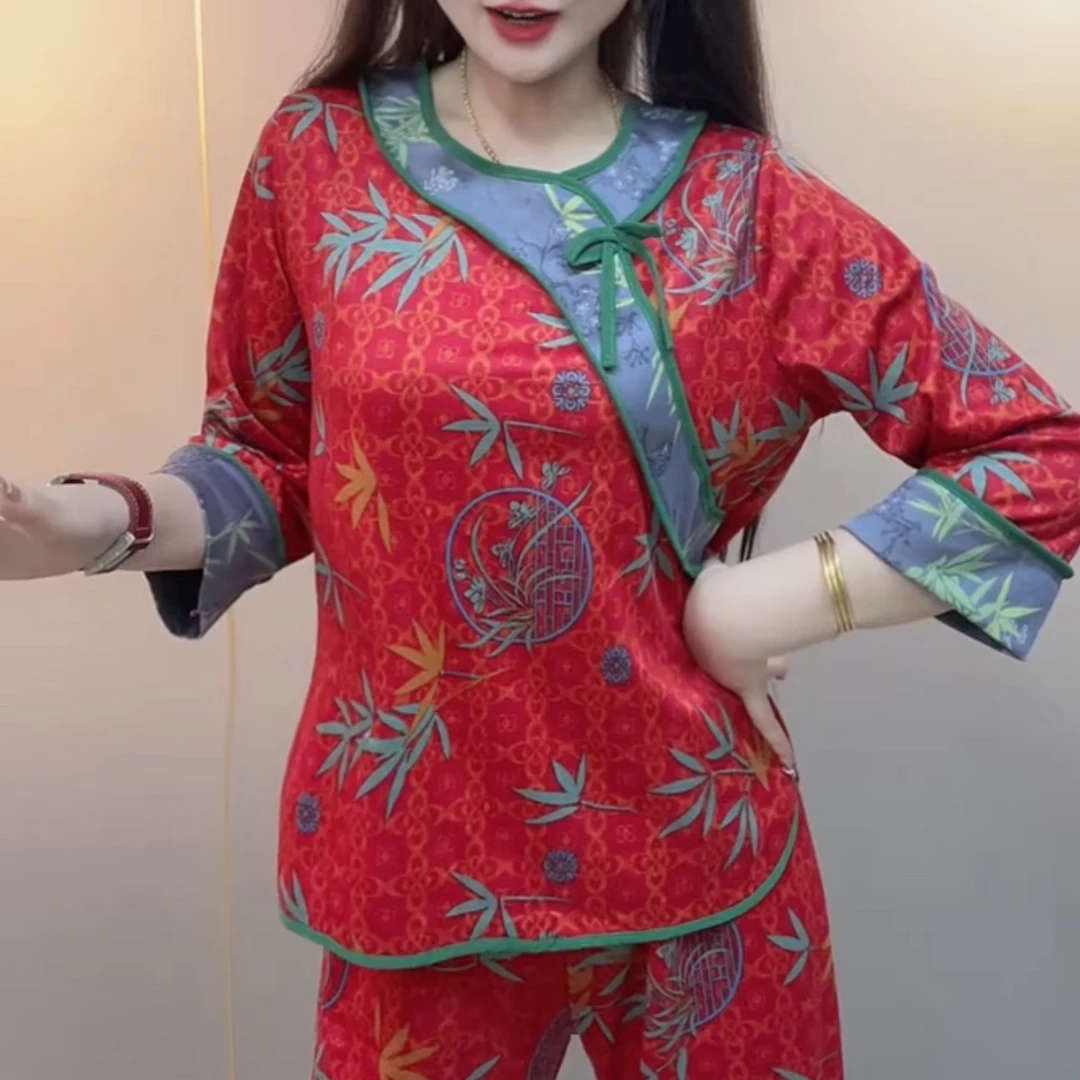 国风睡衣女套装大码家居服宽松遮肉显瘦洋气时尚秋冬长袖【微色差】