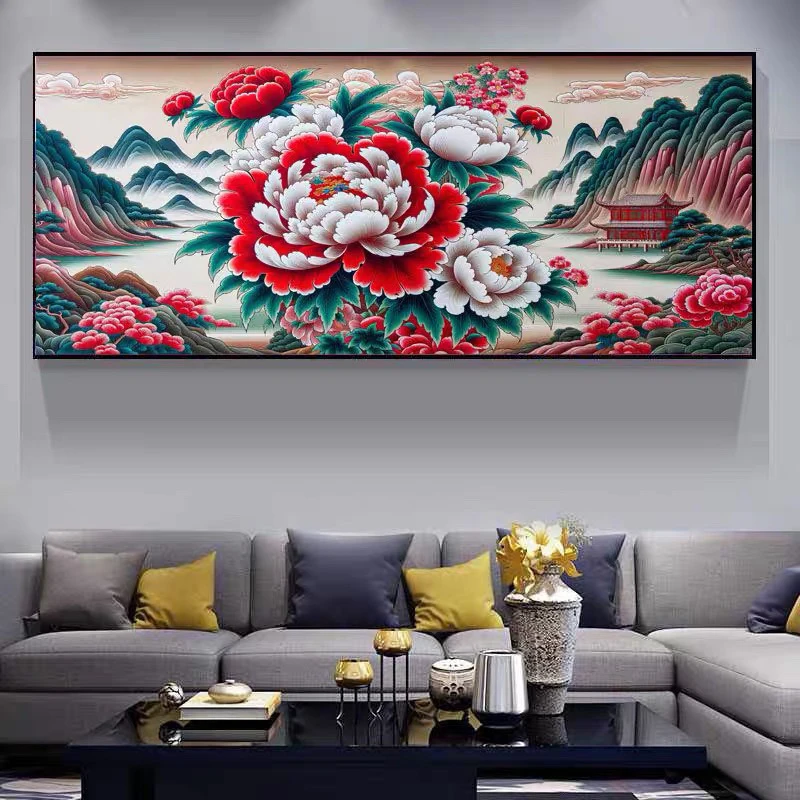 纯手工十字绣成品花开富贵客厅山河芙蓉山色牡丹花风景220×98厘米