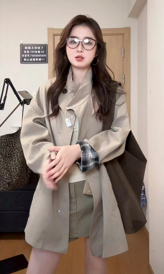 【黑白袖】春秋新款设计感中长款风衣外套女英伦风显瘦宽松洋气时尚