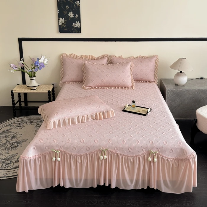 新款3D凉感冰豆豆床裙款凉席时尚花边好看纯色家用席梦思凉席夏季