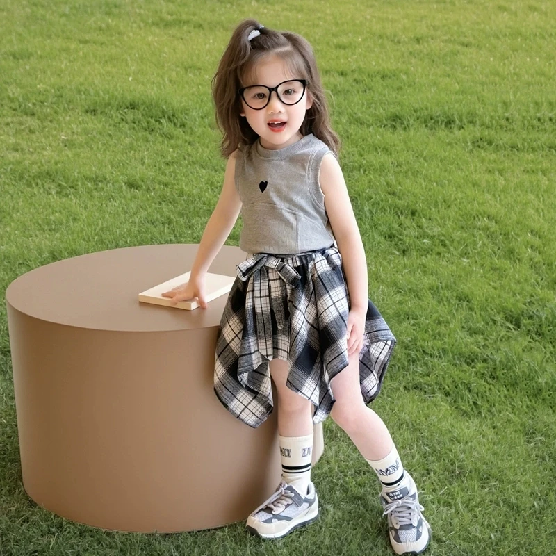 女童背心套装2025新款儿童洋气格子半身裙两件套女孩夏季薄款衣服