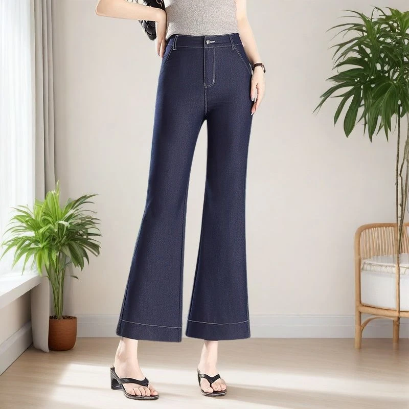 夏季天丝牛仔裤女薄款高腰微喇叭九分裤显瘦时尚百搭弹力休闲裤