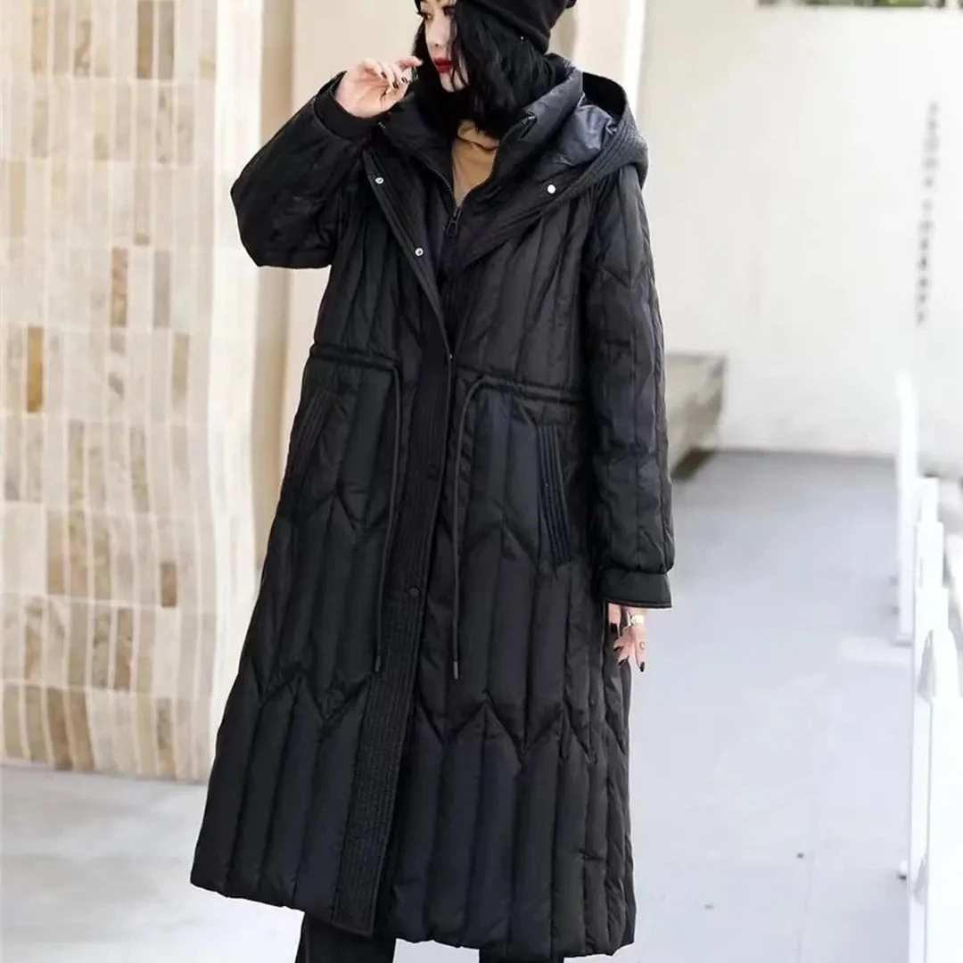 8333女士中长款连帽收腰显瘦过膝保暖加厚时尚冬季白鸭绒外套