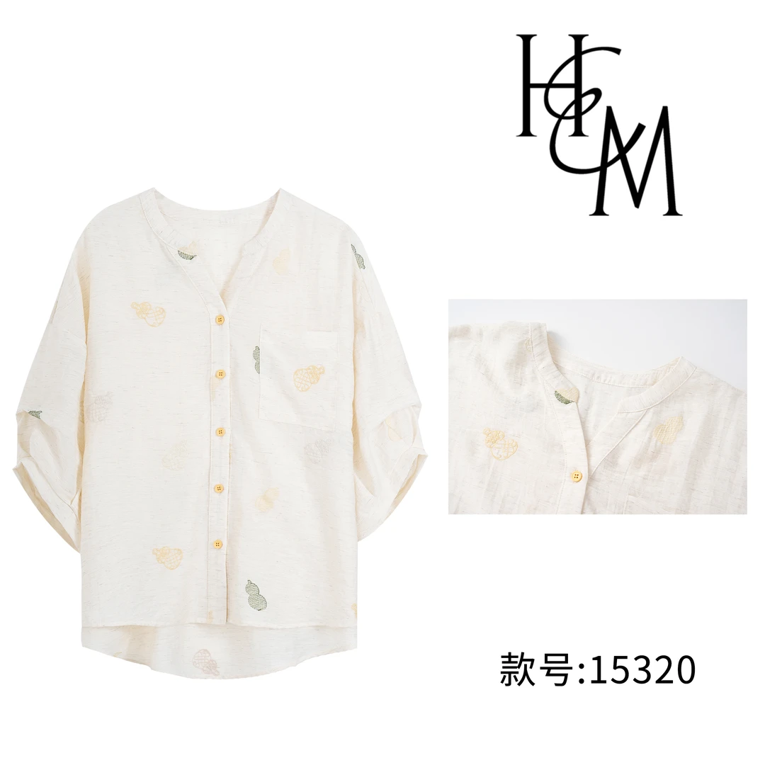 【慧姐】莱赛尔天丝设计师款显瘦葫芦印花V领衬衫【15320】