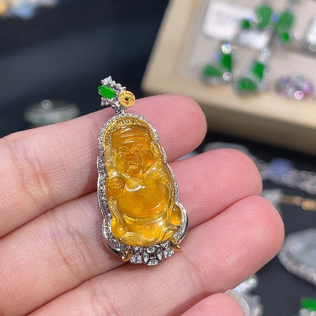 翡翠18K金镶嵌吊坠(不含链)黄翡财神爷