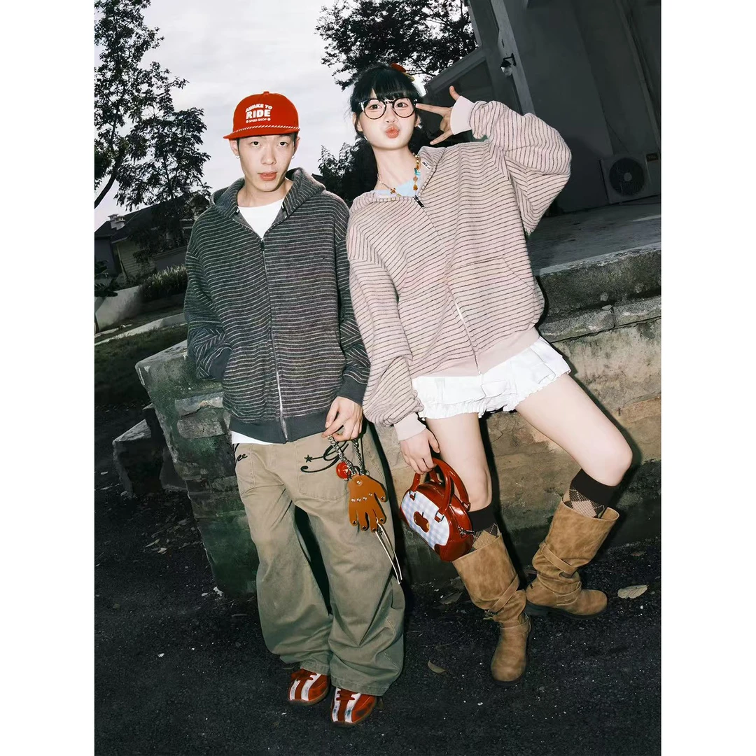 韩版慵懒条纹连帽开衫外套男女秋冬休闲设计感复古情侣百搭潮卫衣