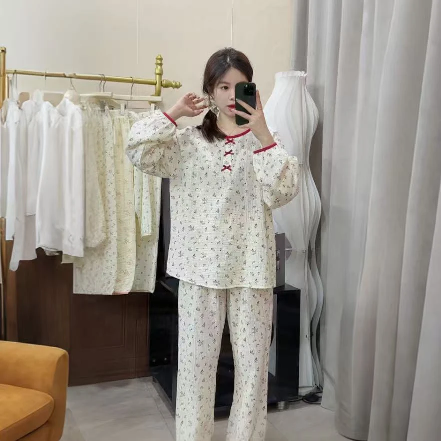 双层棉纱碎花长袖睡衣女2025春款纯棉长袖家居服套装秋季