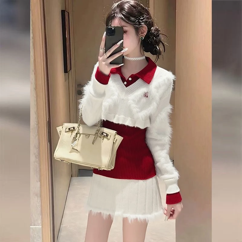 学院风美式套装白色毛衣红色内搭上衣女秋冬半身裙辣妹三件套
