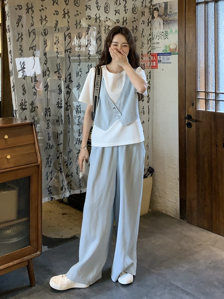 2025夏季新款显瘦极简风休闲风时尚套装阔腿裤高腰痞帅风慵懒风