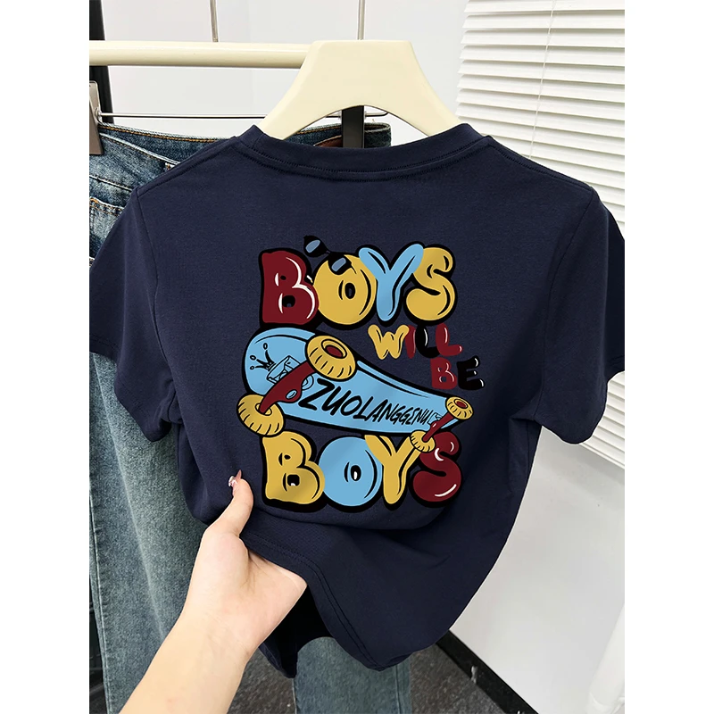 藏蓝色圆领t恤女2025年夏季新款韩版趣味洋气印花正肩短袖上衣服