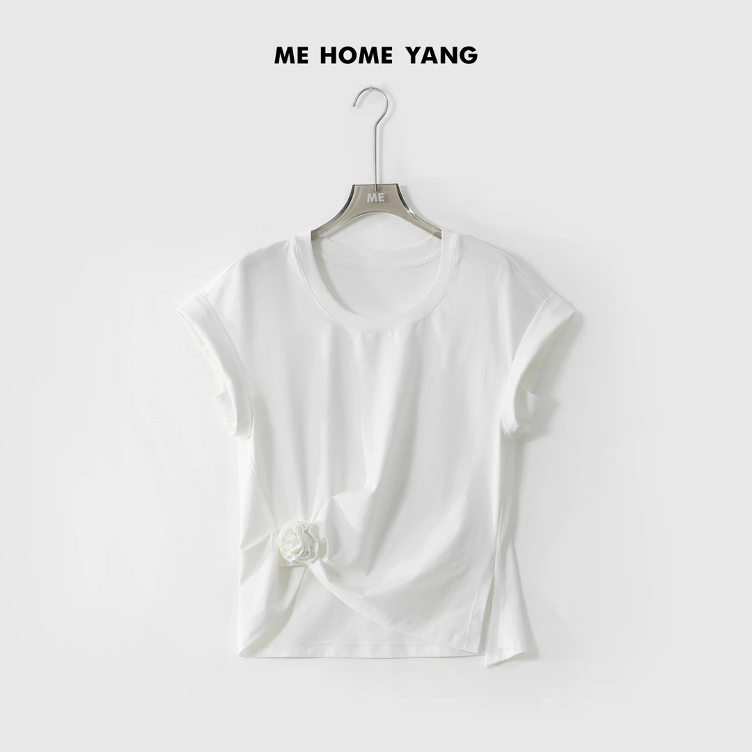 ME【花朵捏褶T】天丝混纺轻柔甜嗲显瘦舒适时尚百搭休闲T恤MESS3706