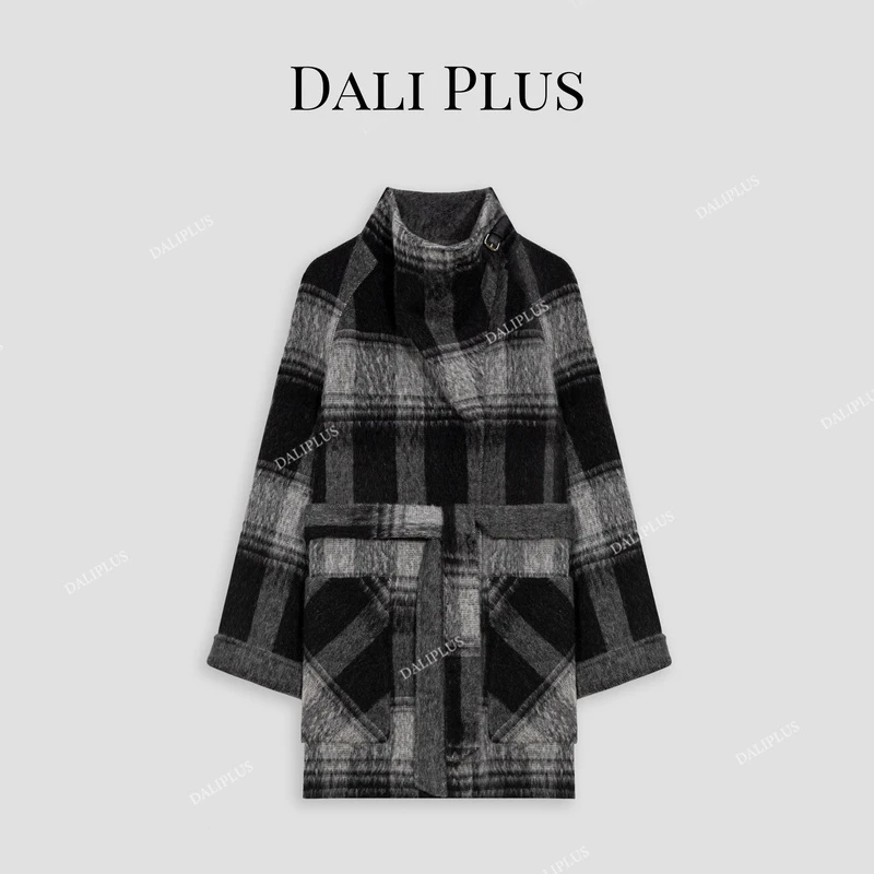 DALI PLUS【苏力羊驼毛+绵羊毛】灰格立领拼皮双面呢大衣-D4CK0033