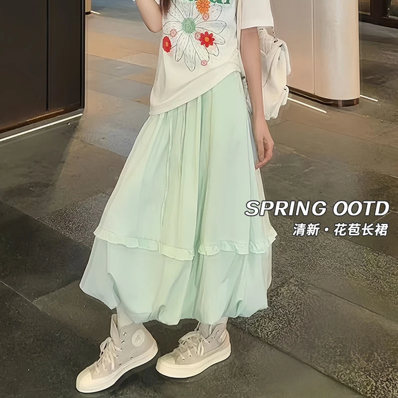 清新花苞半身裙女夏季高腰显瘦松紧腰温柔风百搭a字中长款灯笼裙