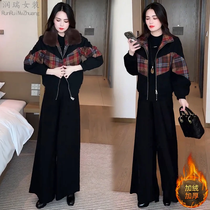 冬季加绒加厚格纹拼接短外套女2025秋冬新款韩版宽松百搭短款上衣