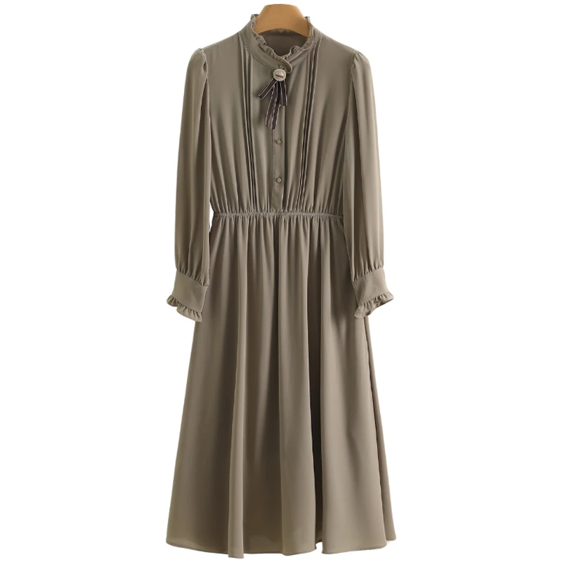 【伍莎-自营】木耳边立领修身长袖连衣裙#QBY48L011