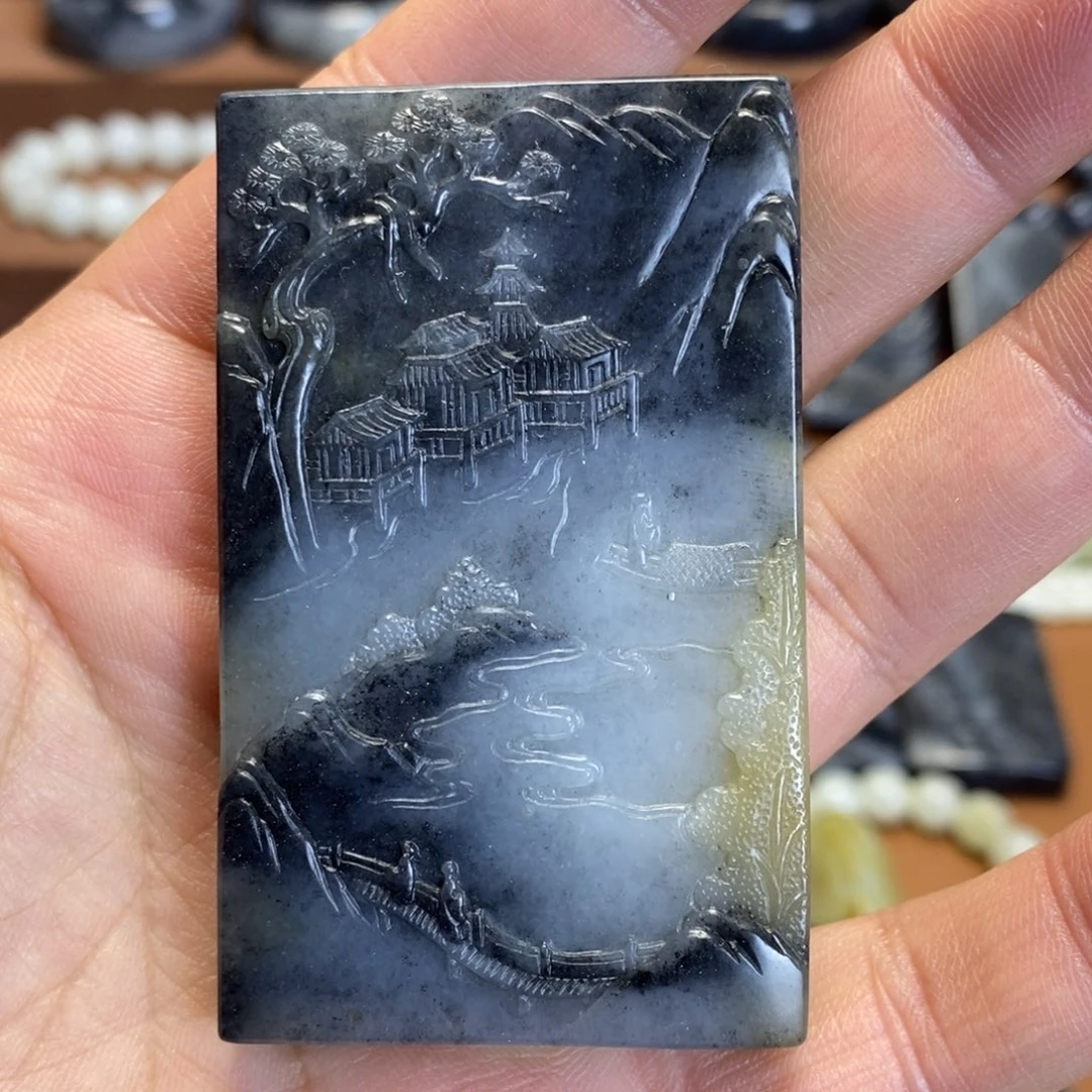 和田玉未镶嵌挂件新疆和田玉青花三色山水挂件