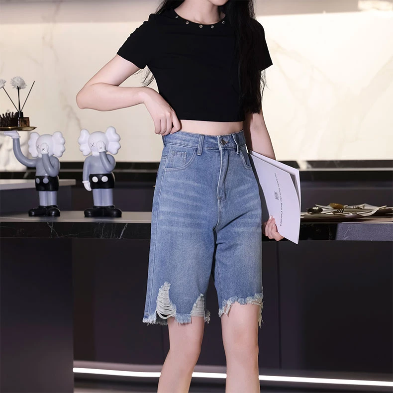 【专柜原单】 2025年夏季新品五分毛边裤女蓝色高腰窄版百搭8899款