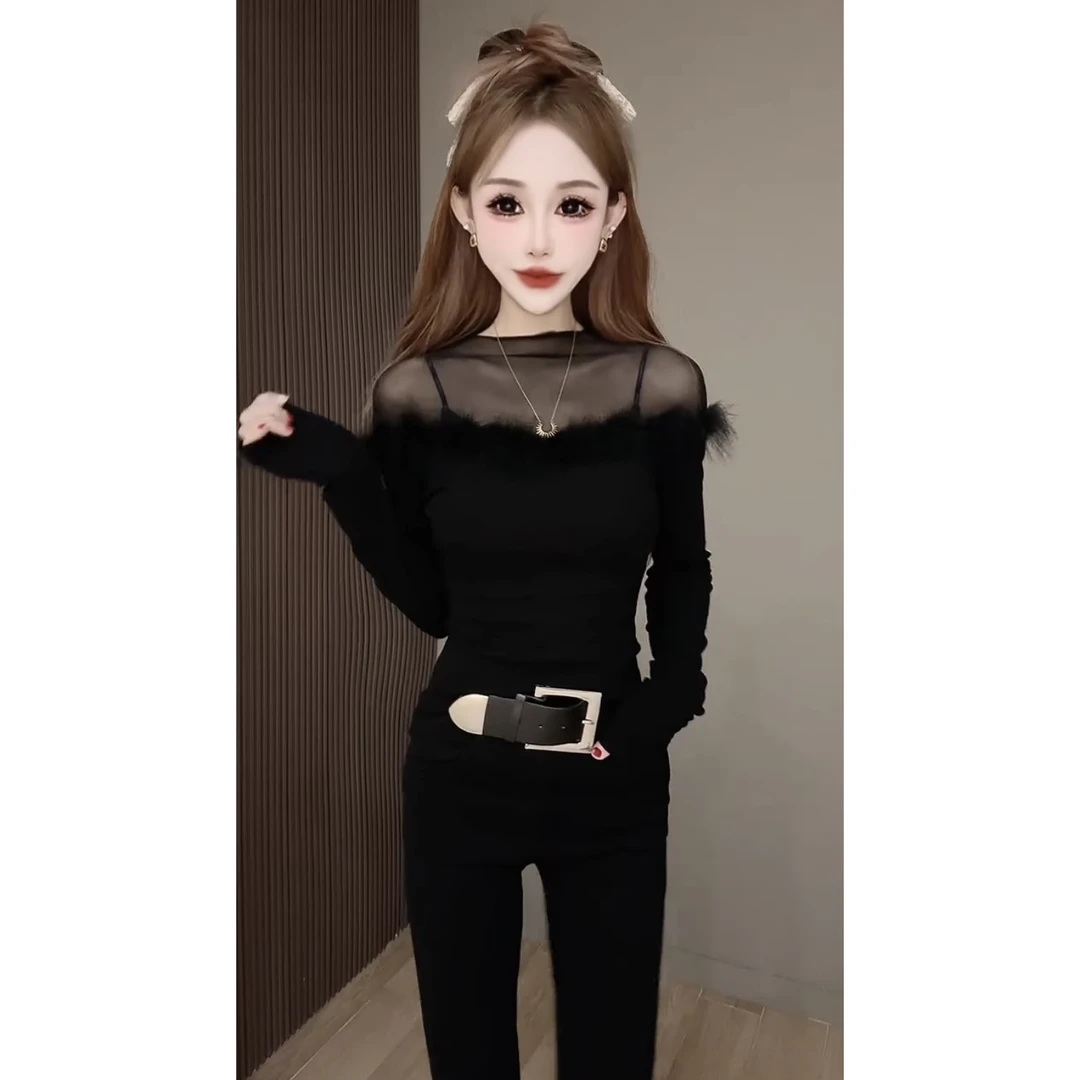 法式设计感网纱拼接长袖T恤女装2025秋冬新款修身显瘦超好看上衣