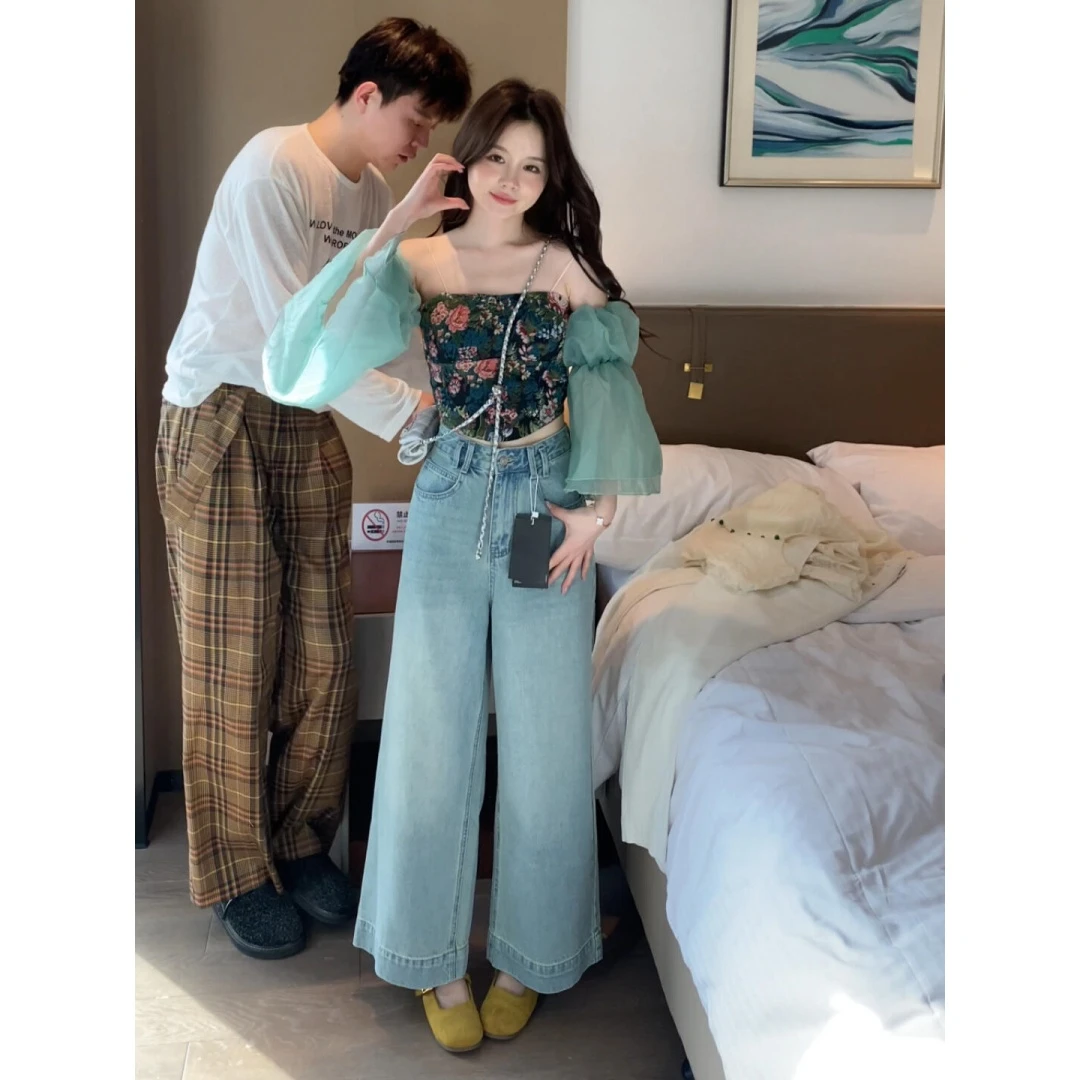 MARIE.COCO小众碎花辣妹性感抹胸一字肩上衣搭配阔腿牛仔裤两件套