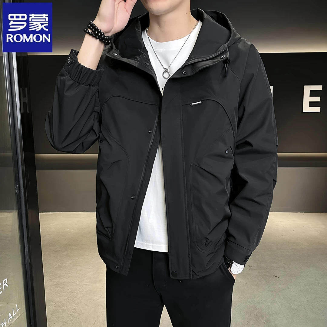 Romon/罗蒙冲锋衣外套男春秋季新款痞帅美式户外工装连帽夹克上衣