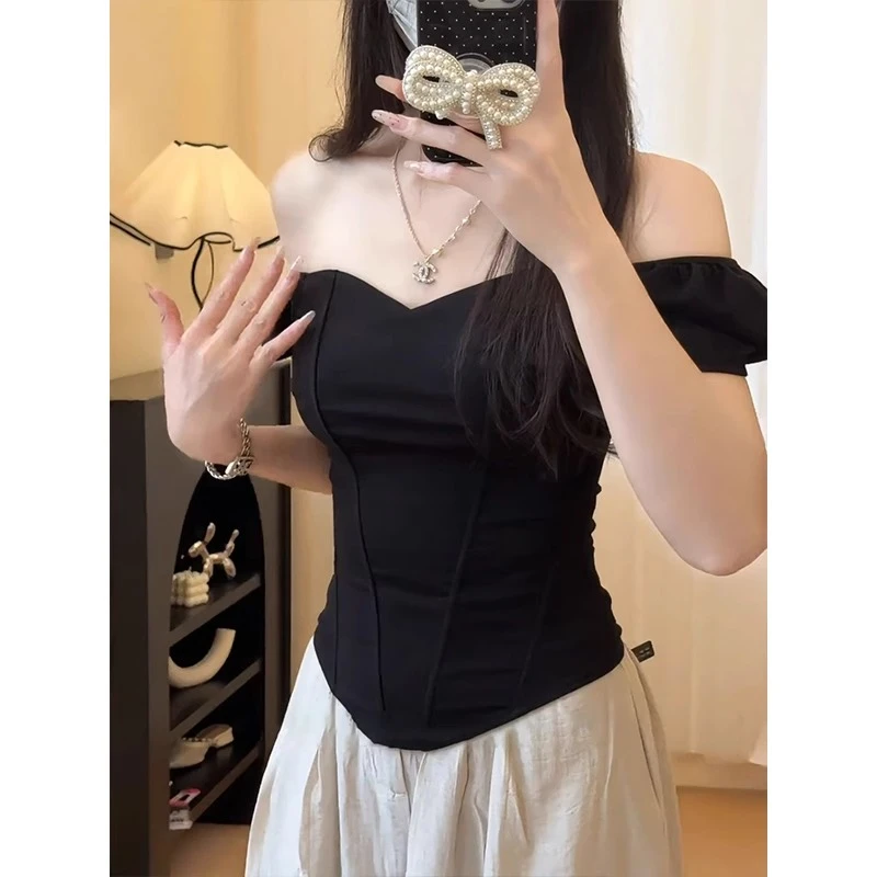 夏季大码一字肩立体鱼骨束身抹胸气质修身显瘦鱼骨上衣通勤女短袖