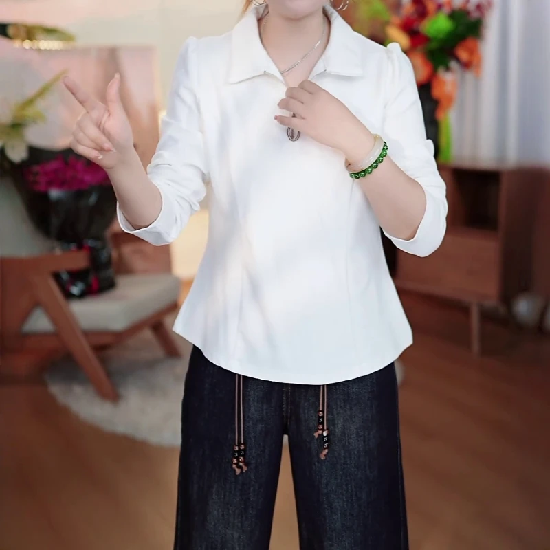 大码简约显瘦遮肉长袖T恤女2025年早秋新款设计感POLO领打底上衣