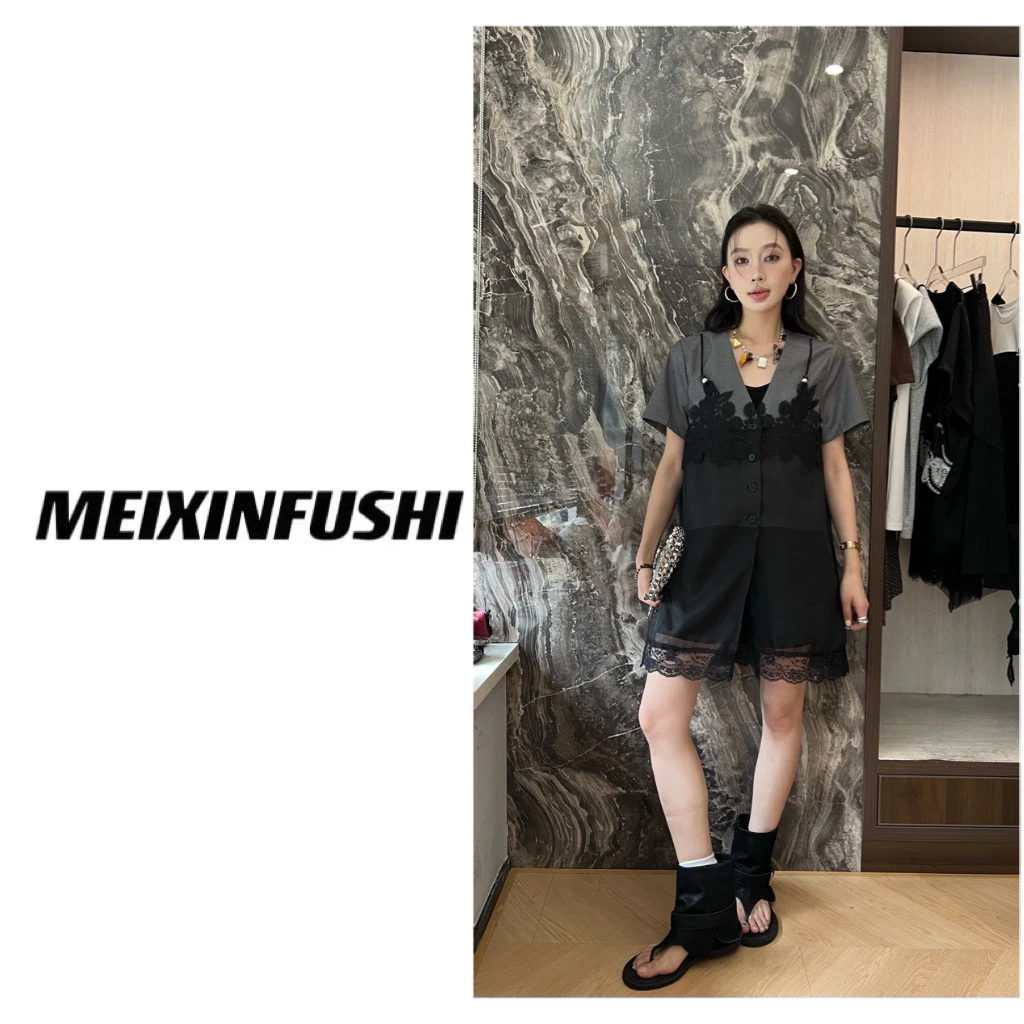 【Mei Xin】欧货假两件蕾丝拼接V领西装设计上衣/0078/D（No退）