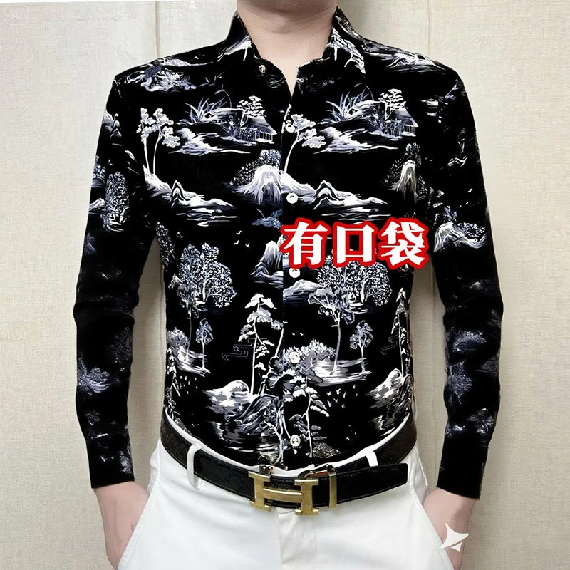 长袖花衬衫男衬衣上衣夏季中年宽松翻领免烫薄款无痕商务时尚山水