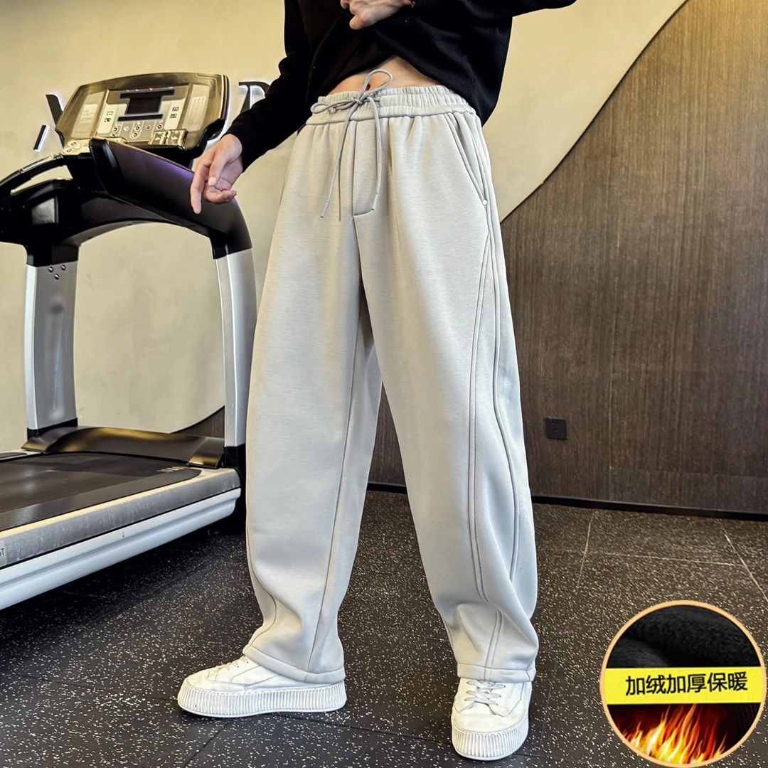 冬季弯刀重磅立体剪裁休闲裤宽松直筒加绒加厚运动卫裤保暖长裤子