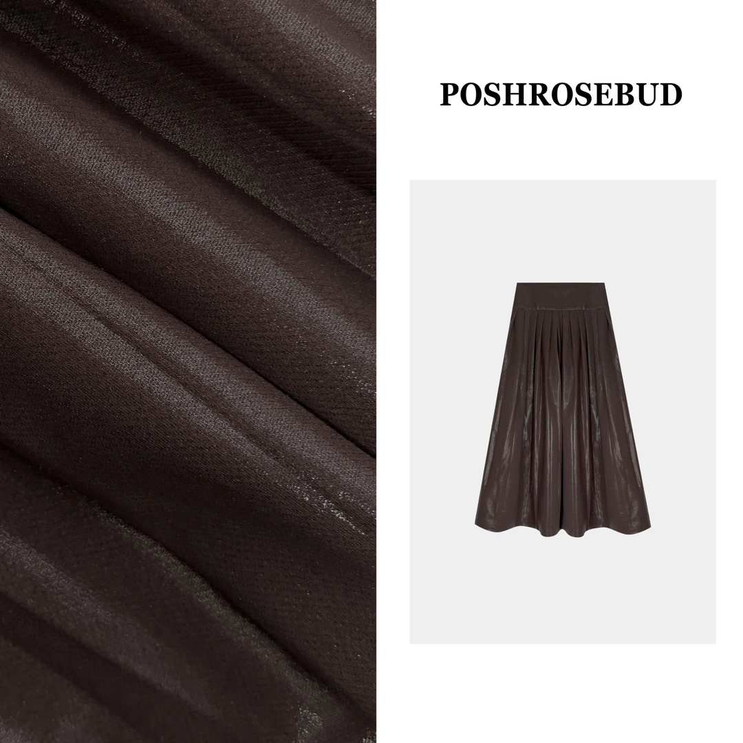 POSHROSEBUD设计师秋季高腰压褶百搭时尚女装半身裙-258585