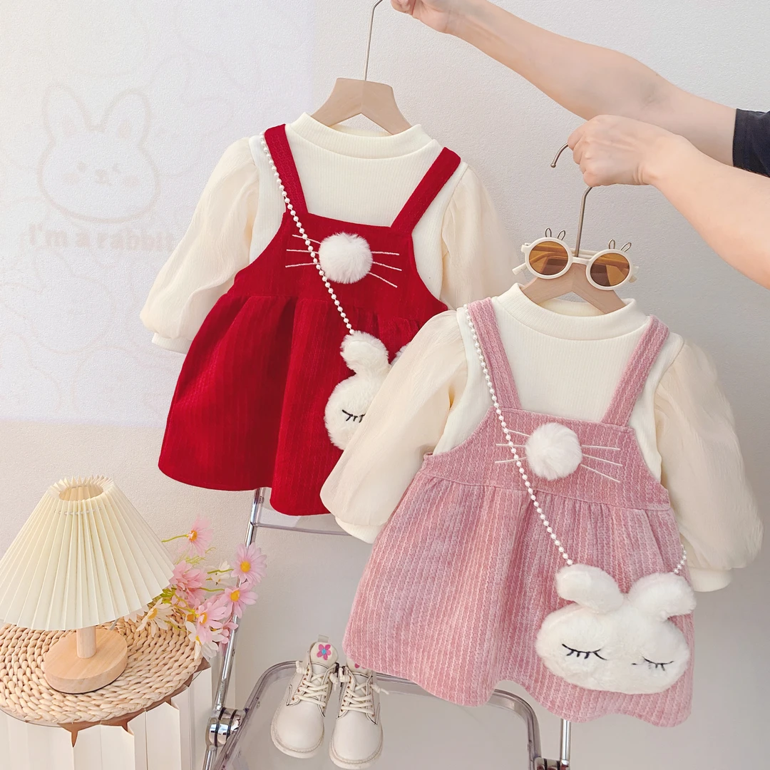 女童加绒小兔子连衣裙套装秋冬款2025新款加厚洋气公主裙宝宝礼服