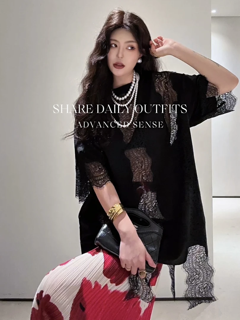 高温妮【暮夏】春夏简约气质重工蕾丝拼接休闲镂空T恤上衣5e52332