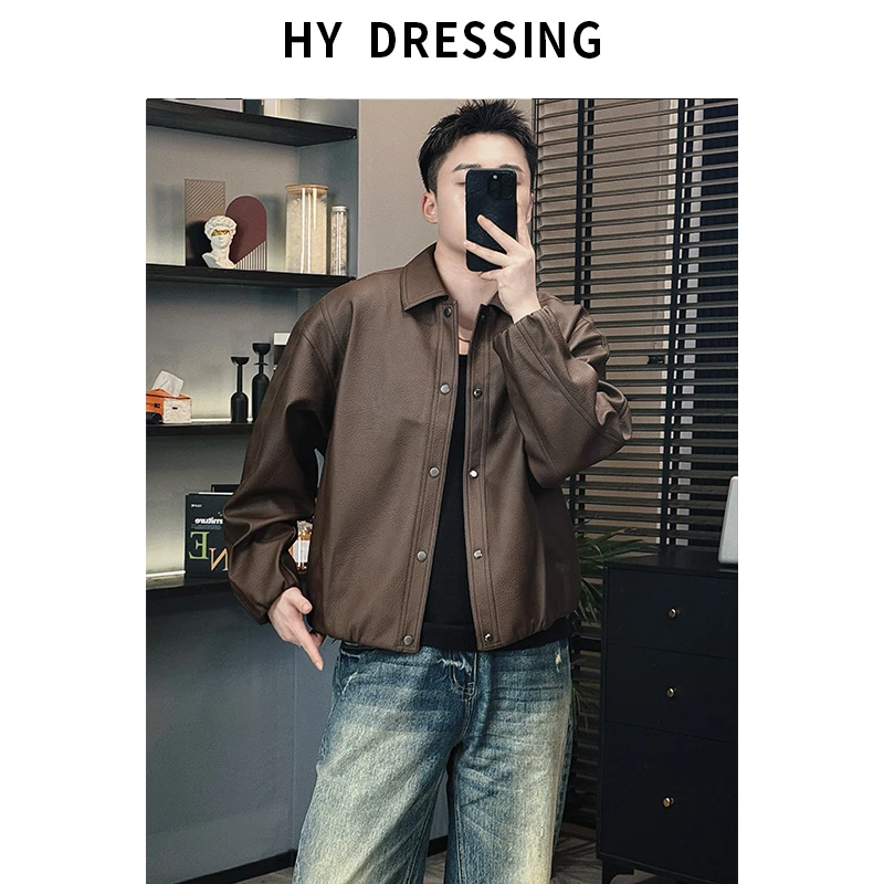 【HY穿搭】复古龟裂纹琥珀流光色蛋白皮衣夹克男宽松时尚软糯外套