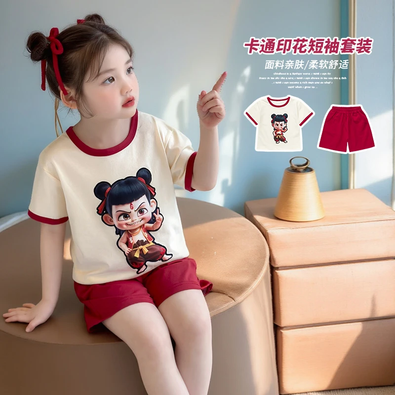 2025夏季新款女童哪吒亮灯短袖短裤套装中小童纯棉休闲夏装小女孩